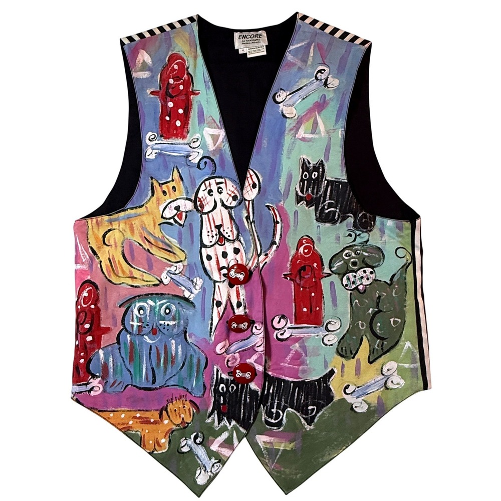 Vintage Encore Silkscapes Vest Womens S‎ Hand Painted Dog Cat Whimsical Art